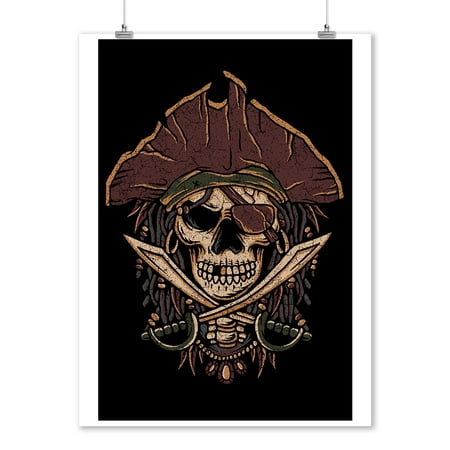 Distressed Skull Pirate - Lantern Press Artwork (9x12 Art Print, Wall Decor Travel Poster)