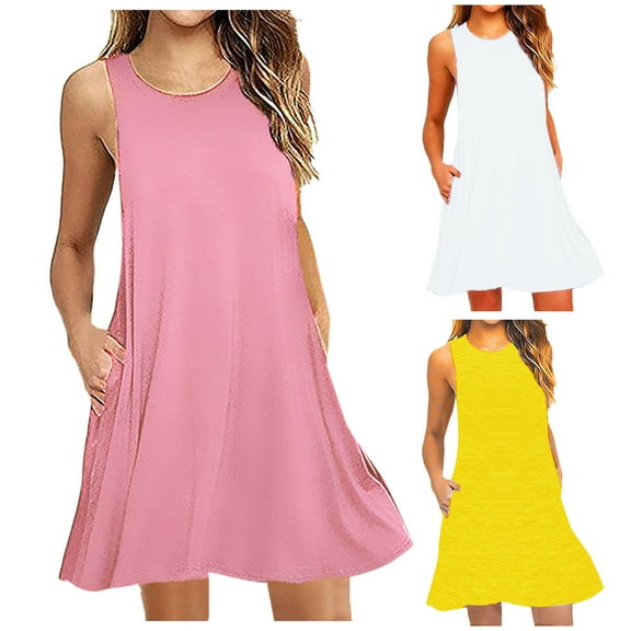 ZyeKqe Womens Dress Casual Summer Loose Fitted Tank Dresses Solid Color Sleeveless Sundress with Pockets