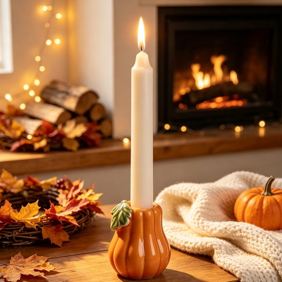 Pumpkin Ceramic Candle Holder, Thanksgiving and Halloween Candlestick for Scented Candle Display, Fall Table Centerpiece for Mantel Shelf Dining Room Party and Seasonal Home Decor, Orange
