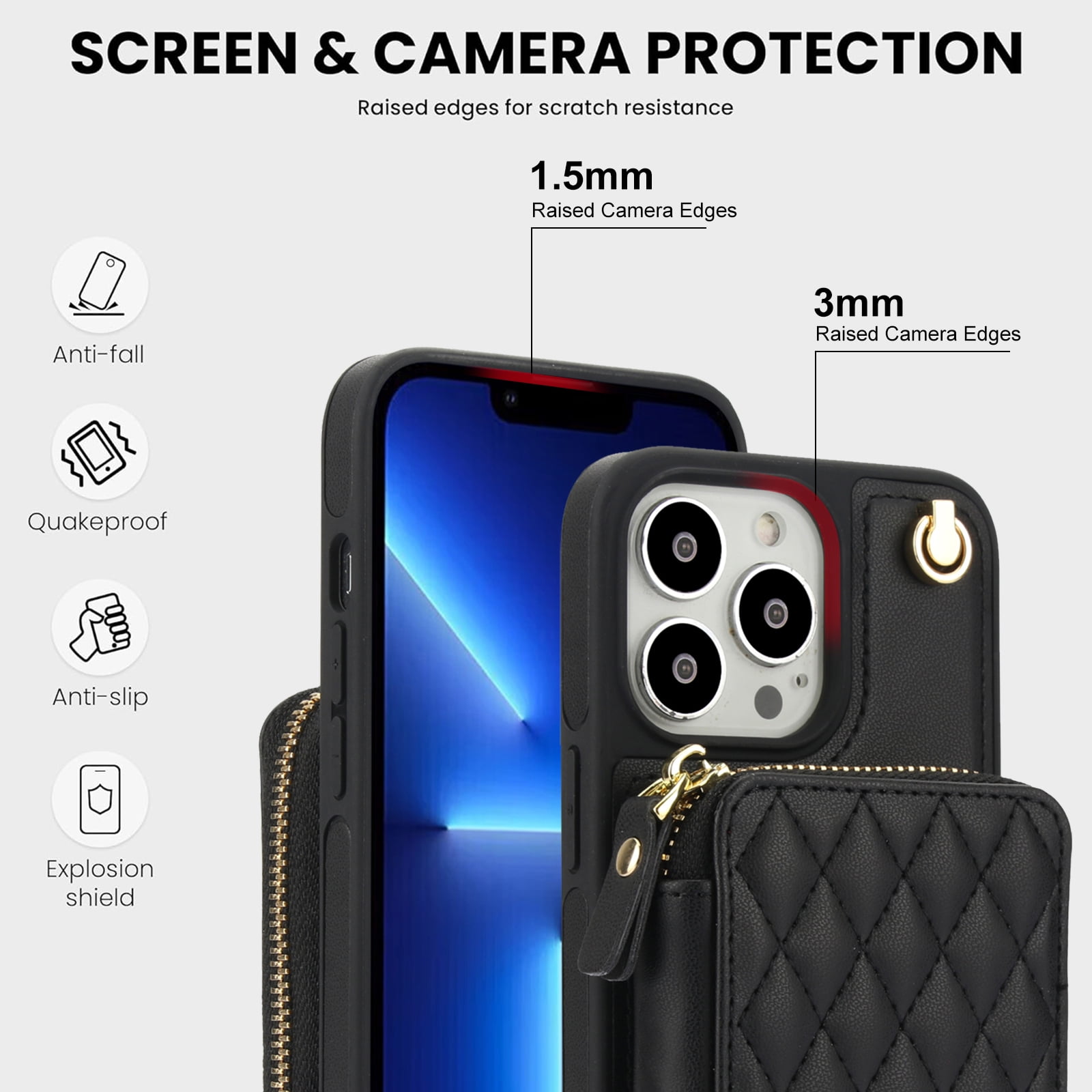 Compatible with iPhone 15 Pro 6.1 inch Wallet Phone Case Tempered Glass Screen Protector Wrist Crossbody Strap Stand Credit Card Holder RFID Slot Cell Cover for i Phone15 i15 15Pro Women Girls Black