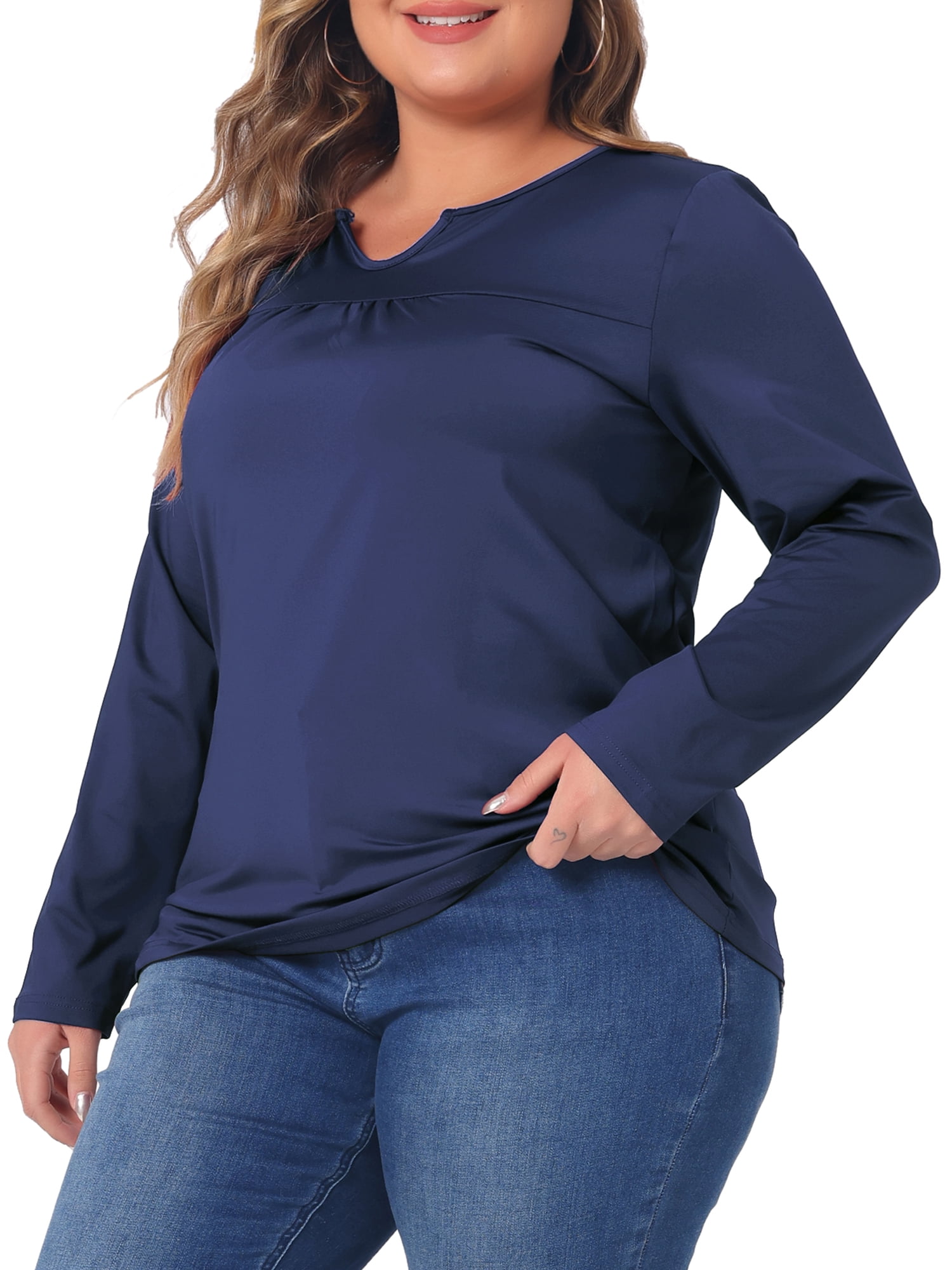 DARING DIVA Women's Plus Size Long Sleeve Notched Neck Loose Tops 1X Dark Blue