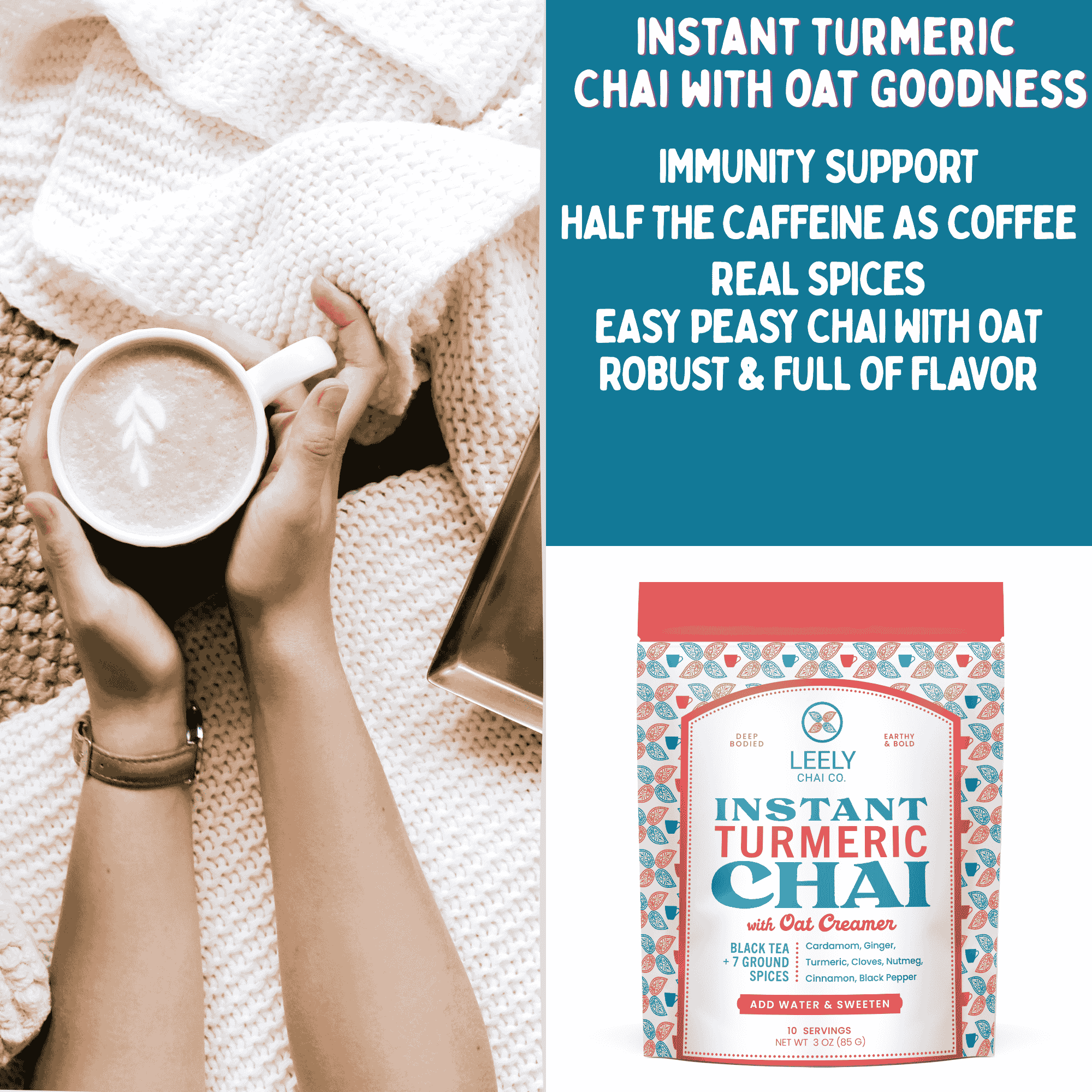 Leely Instant Turmeric Ginger Chai Latte with Oat Creamer - 6oz - Just Add Hot Water, No Steeping, Dissolves Instantly, Creamy Turmeric Ginger Drink Anytime
