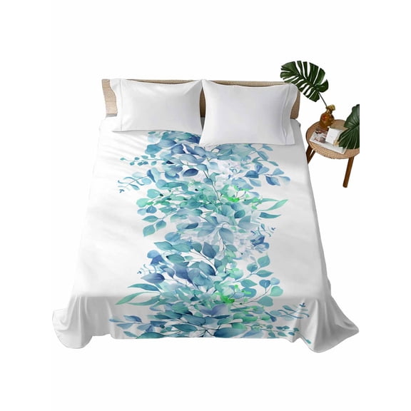 Teal Blue Eucalyptus Leaves Flat Sheets Only King Size, Soft Breathable Bed Top Sheets for Mattress, Spring Summer Botanical Floral Luxury Bedding Flat Sheets for Home Hotel Bedroom Bed Protection