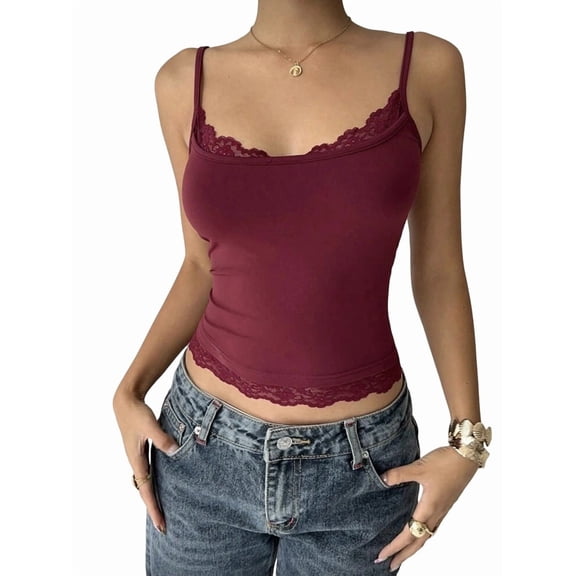 Women'S Square Neck Lace Tank Tops Sleeveless Crop Spaghetti Strap Summer Y2k Tops Wine Red M