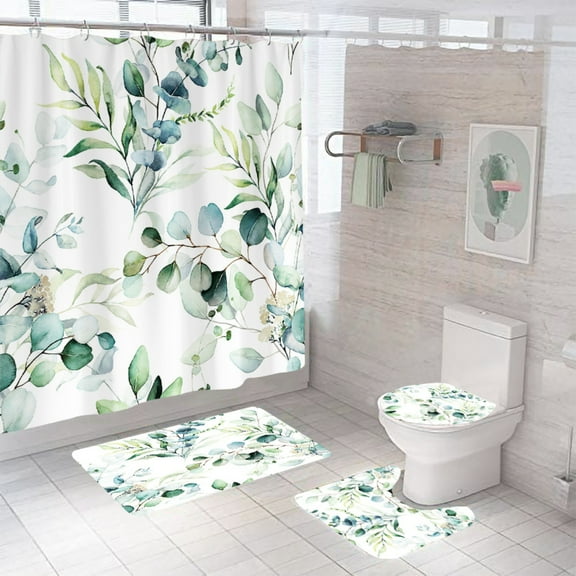 Watercolor Green Eucalyptus Shower Curtain and Bath Rug Set 4 Pcs Fabric Floral Bathroom Curtain Set Decor 72x72 inches