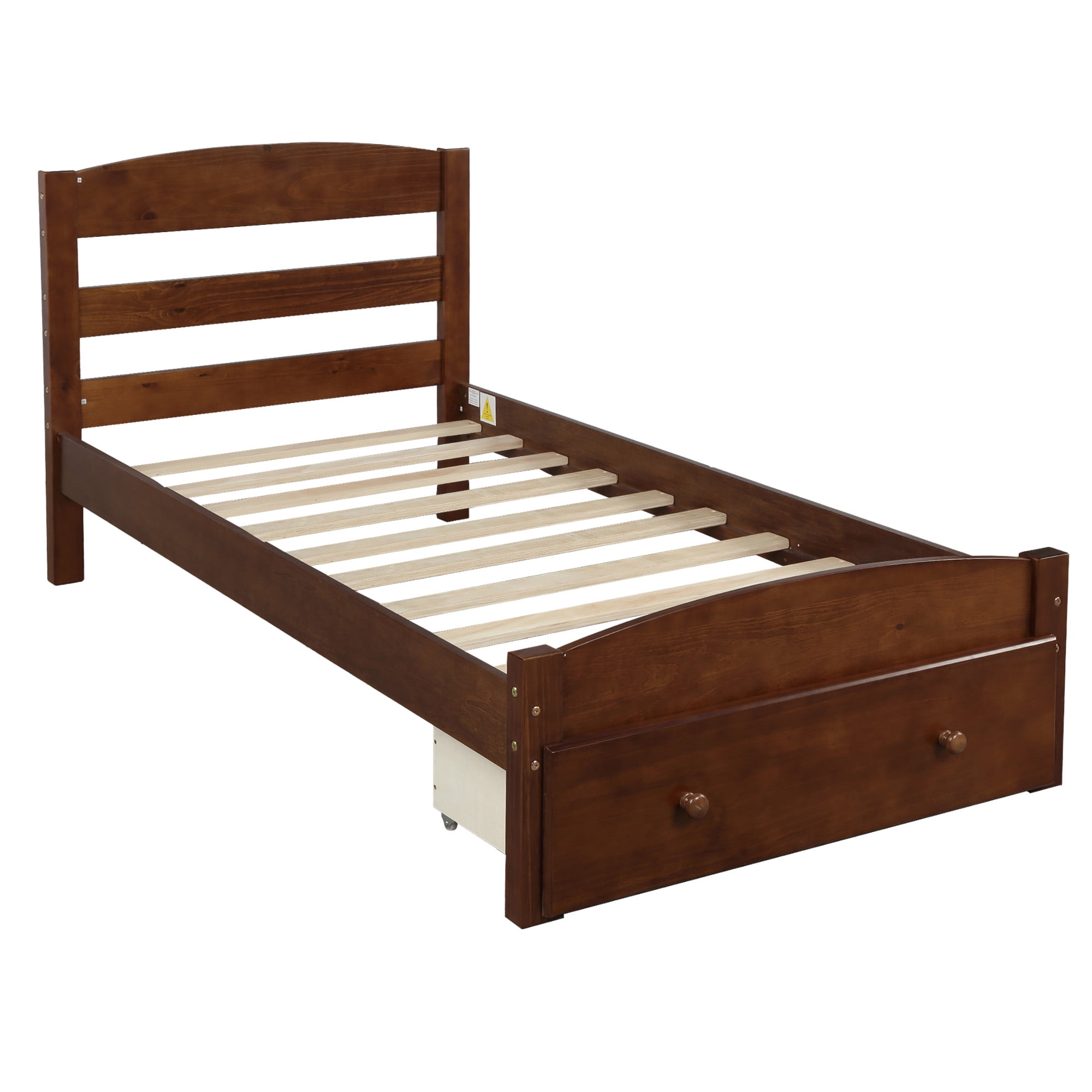 Gewnee Twin Size Wood Platform Bed Frame with Headboard and Big Storage Drawer for Kids,Walnut