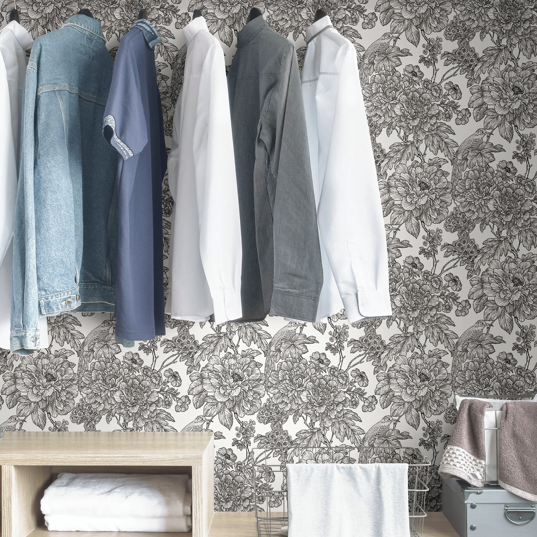 NuWallpaper Black And White Sudbury Vinyl Peel And Stick Wallpaper, 216-in by 20.5-in, 30.75 sq. ft.