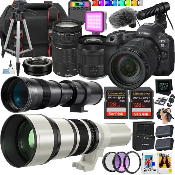 Canon R5 Mark II Mirrorless Camera   Canon RF 24-105mm STM and EF 75-300mm   420-800mm and 650-1300mm lens (25 piece bundle) (International Version)