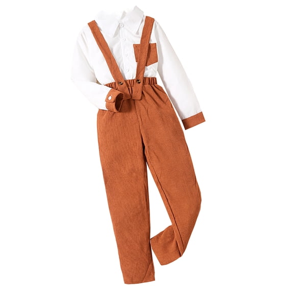 xiaxaixu Kids Boys 2-piece Outfit, Long Sleeve Button-down Shirt with Suspender Pants Graduation Outfit Church Clothes