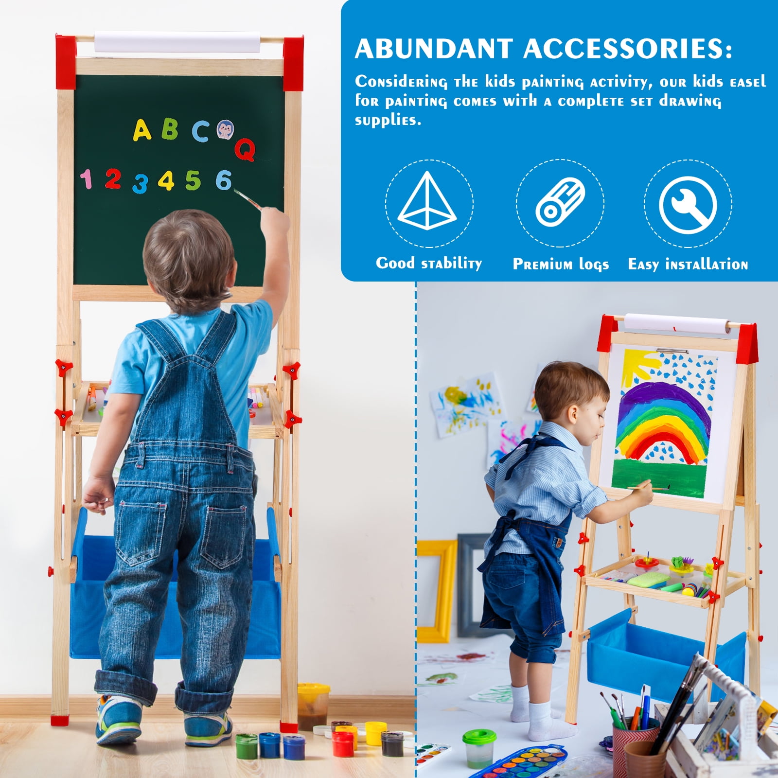 Urban Deco EASEL for Kids Wooden Magnetic Chalkboard &Whiteboard for Toddlers with Paper Roll, Best Christmas Birthday Holiday Gifts