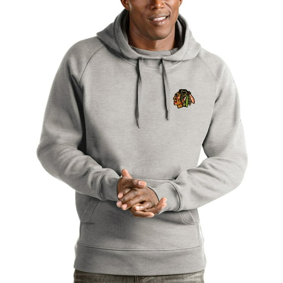 Men's Antigua Heathered Gray Chicago Blackhawks Victory Pullover Hoodie
