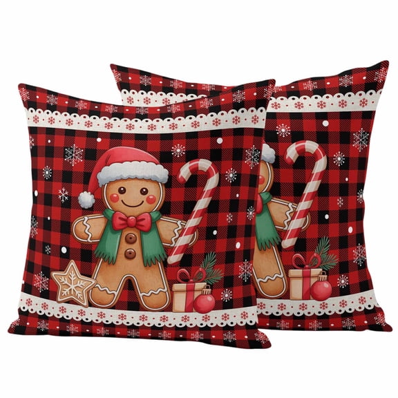 Christmas Gingerbread Outdoor Waterproof Pillow Covers, Red Black Checkered Snowflake Decorative Square Throw Pillowcase Sofa Cushion Sham for Patio/Couch/Chair, 20"x20" 2 Pack