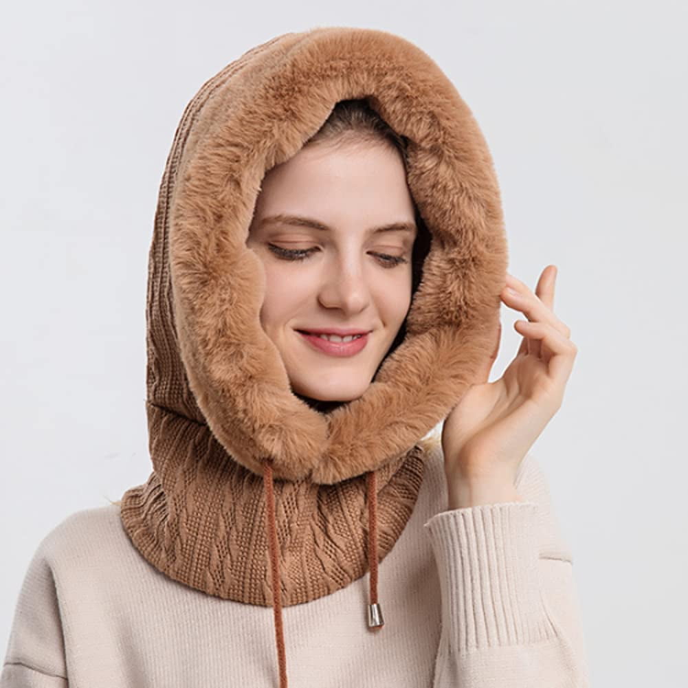 CoCopeaunts Women Winter Fleece Beanie Hat One-Piece Drawstring Knit Beanie Hats Scarf Mask Ski Snow Skull Hat Cap