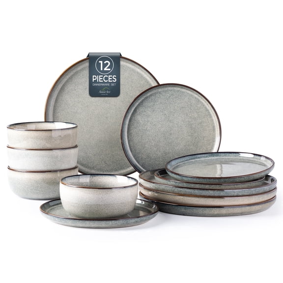AmorArc Ceramic Dinnerware Sets for 4, 12 Pieces Stoneware Plates and Bowls Sets, Reactive Glaze Dishes -Scratch Resistant, Dishwasher&Microwave Safe, Green Wheat (Service for 4)