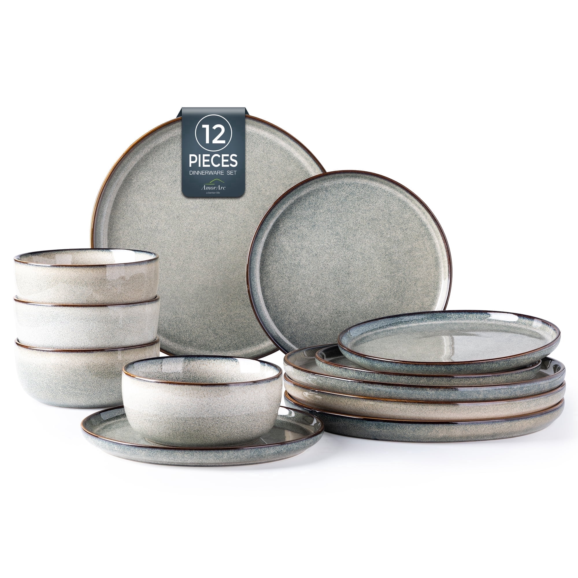 AmorArc Ceramic Dinnerware Sets for 4, 12 Pieces Stoneware Plates and Bowls Sets, Reactive Glaze Dishes -Scratch Resistant, Dishwasher&Microwave Safe, Green Wheat (Service for 4)