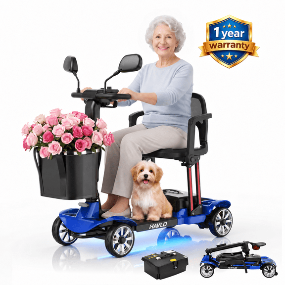 Havlo 4-Wheel Mobility Scooter for Seniors & Adults, 12.4-Mile Range, Removable Lithium Battery, Wider Adjustable Seat & Armrests, Foldable Electric Mobility Scooter for Everyday & Outdoor Use,Blue