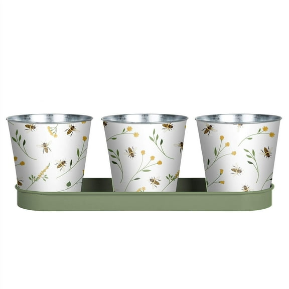 Bee Print Herb Pots with Tray | for Windowsill or Balcony | Indoor or Outdoor Use