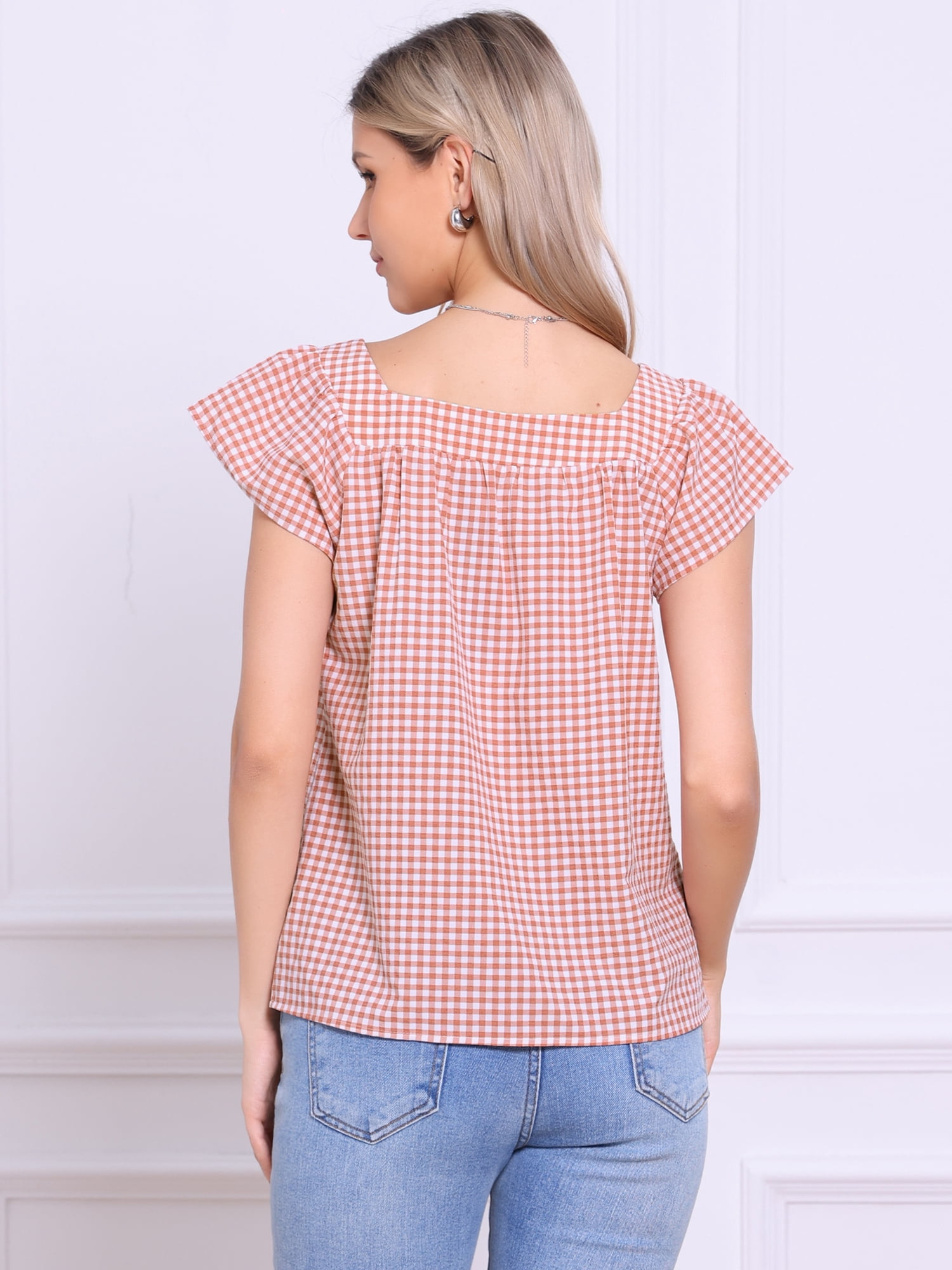 DARING DIVA Women's Cute Cap Sleeve Square Neck Plaid Blouses XS Cameo Brown