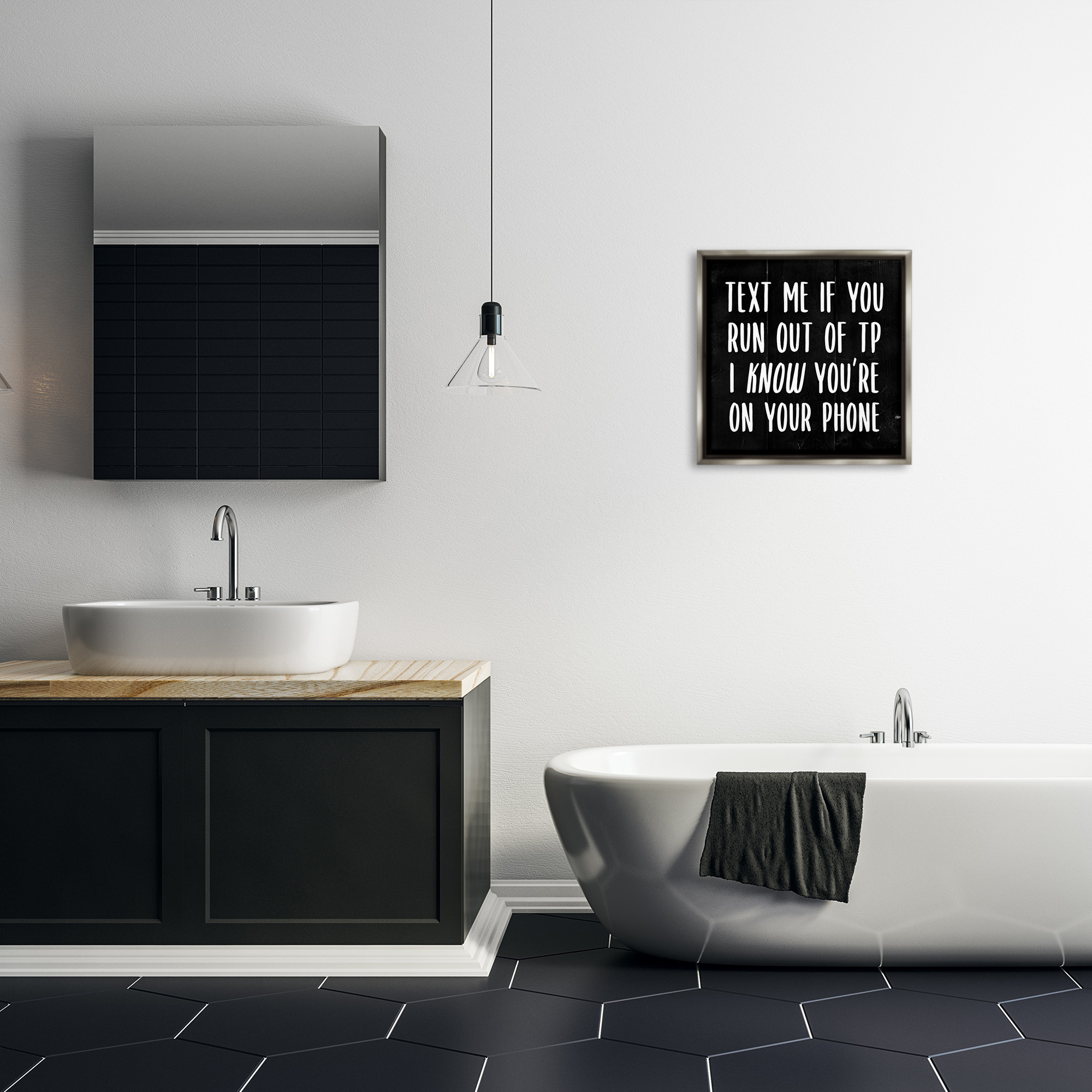 Stupell Industries Text Me For TP Funny Bathroom Typography Painting Gray Floater Framed Canvas Art Print Wall Art, 18 x 18