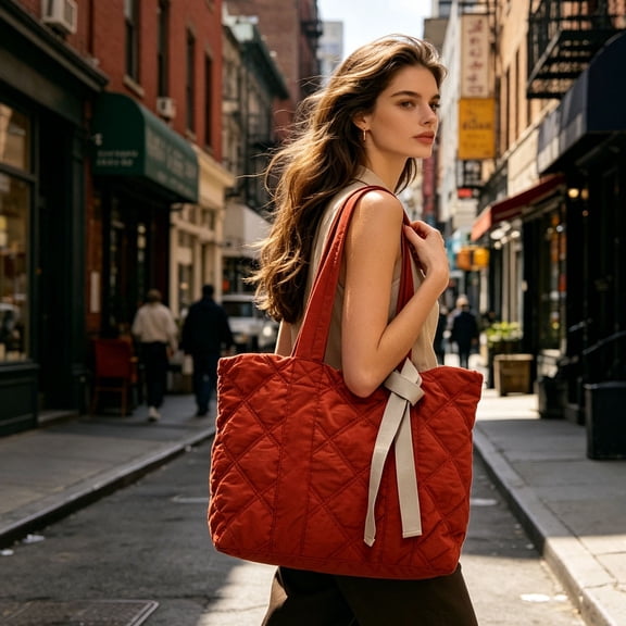 Gecau Women's Quilted Down Shoulder Tote Bag Large Capacity Rhombus Pattern Lightweight Work School Casual Purse Soft Adjustable Straps for Office Ladies Shopping Students Daily Commute Travel