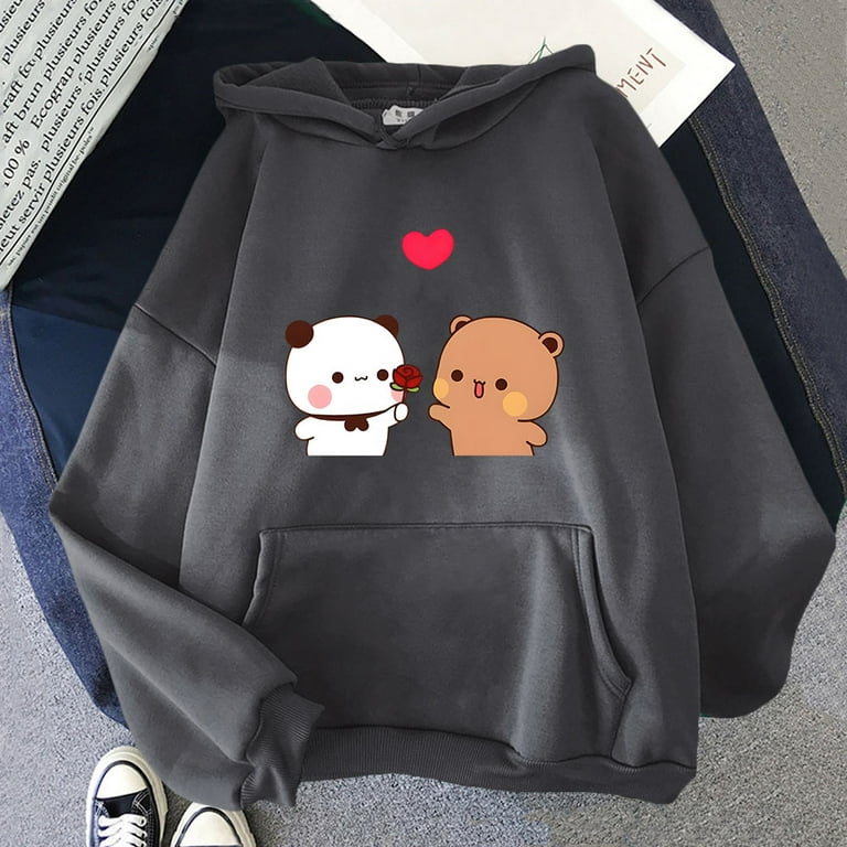 Bubu Is Giving Rose To Dudu Hoodies Kawaii Panda and Bear Sweatshirt with Hooded Fleece Women Clothing Y2k Pullover Kpop Casual Gift QY Walmart