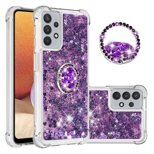 Funda para Samsung Galaxy A32 5G con Brillo Líquido Flotante, Purpurina, Parachoques y Anillo Giratorio Soporte