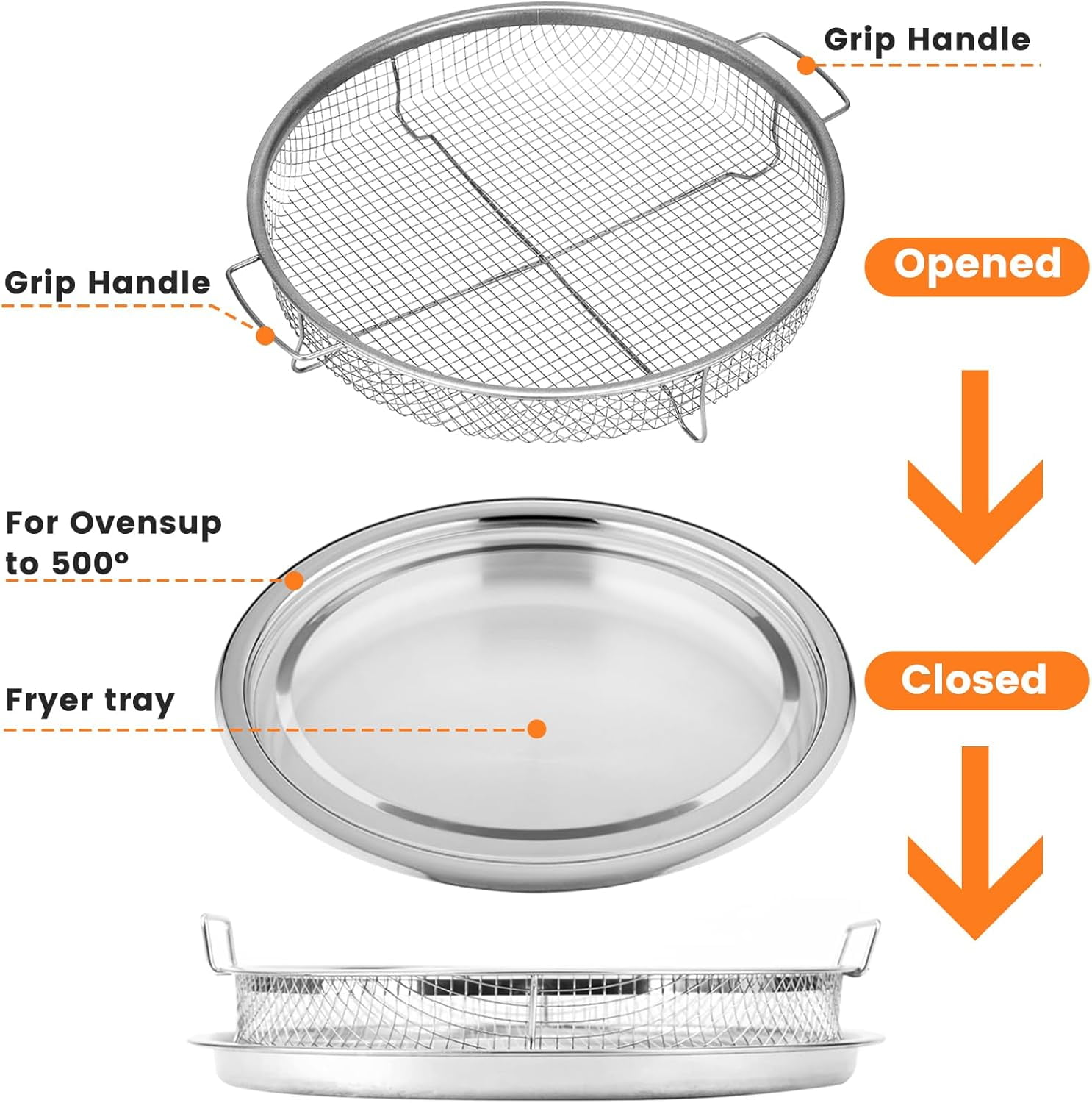 Air Fryer Basket for Oven,2 Pieces Set Round Silver 12.9'' Non-stick Stainless Steel Mesh Air Fryer Baking Tray Accessories Rack Roasting Grill Basket for Convection Oven Air Fryer, Dishwasher Safe