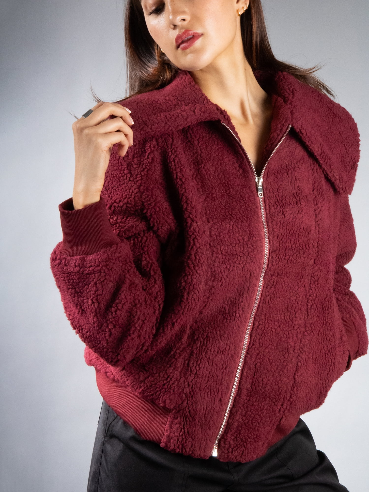 DARING DIVA Women's Stylish AK Plush Bomber Jacket M Burgundy