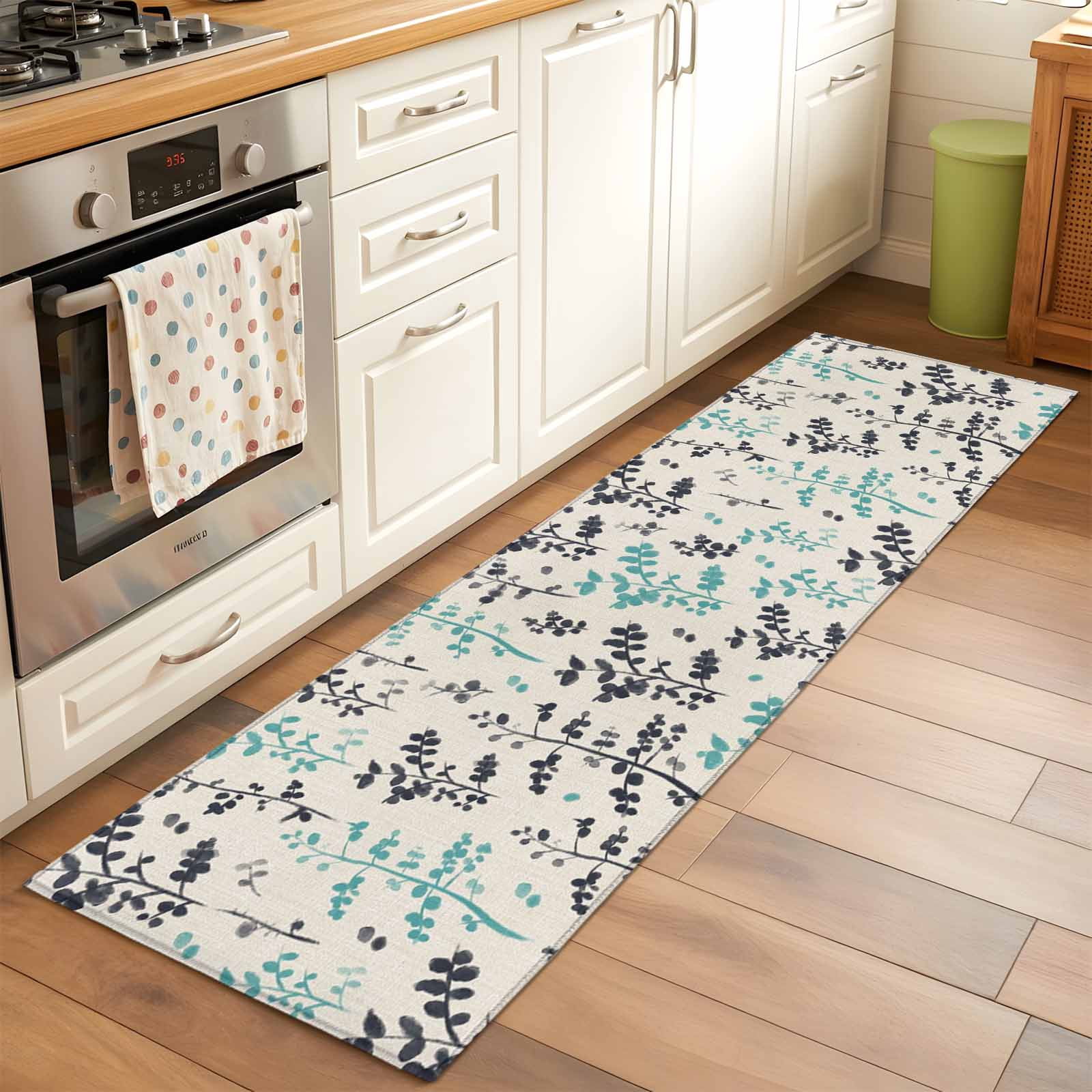 Aqua Grey Botanical 2'x6' Runner Rugs for Hallway Kitchen Bedside Non Slip, Rustic Country Spring Floral Summer Leafv Entryway Rug Runners with Rubber Backing, Long Carpet Runner for Laundry Room