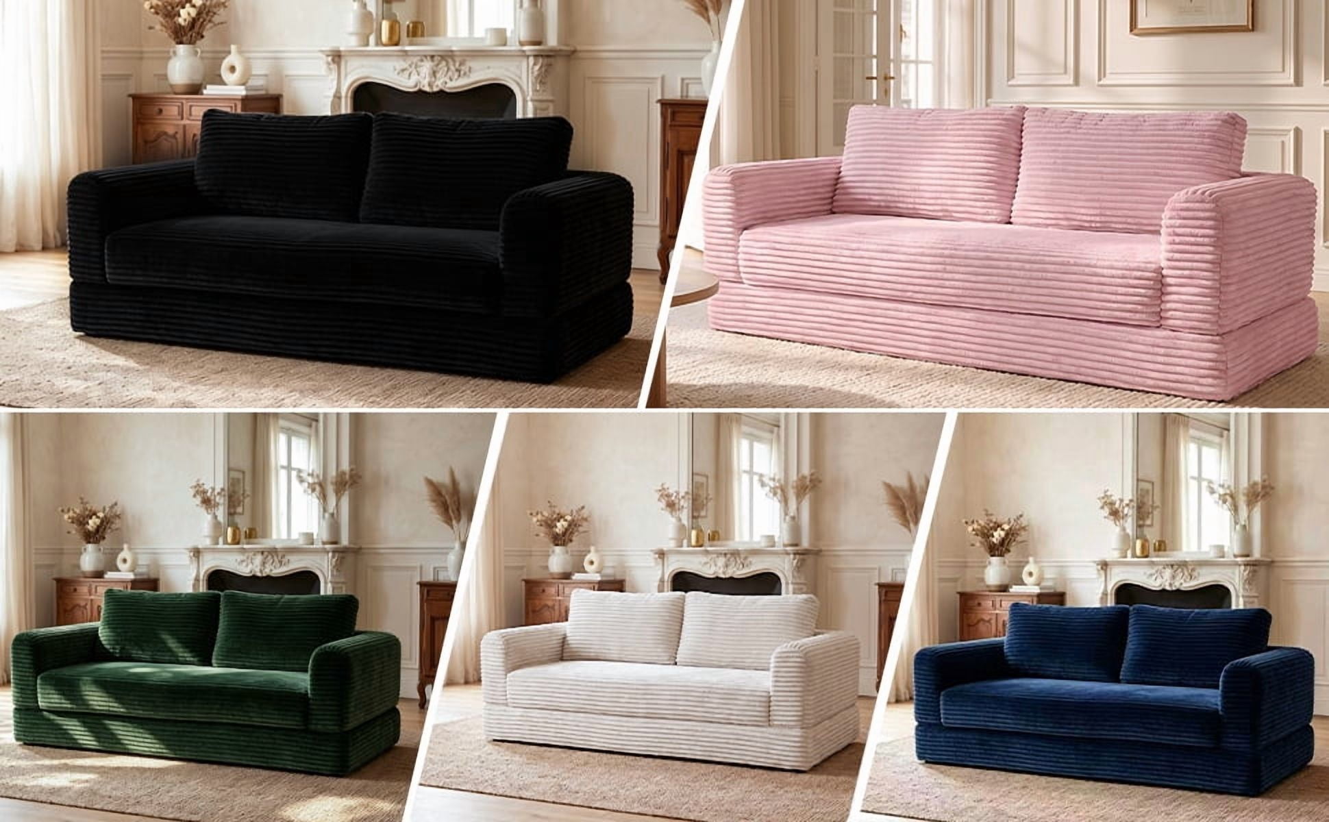 55" Convertible Futon Sofa Bed,Folding Boneless Couch with Sleeper Sofa,Fold Out Floor Sofa with Deep Seat,Cloud Corduroy Foldable Mattress Couch for Living Room,Green