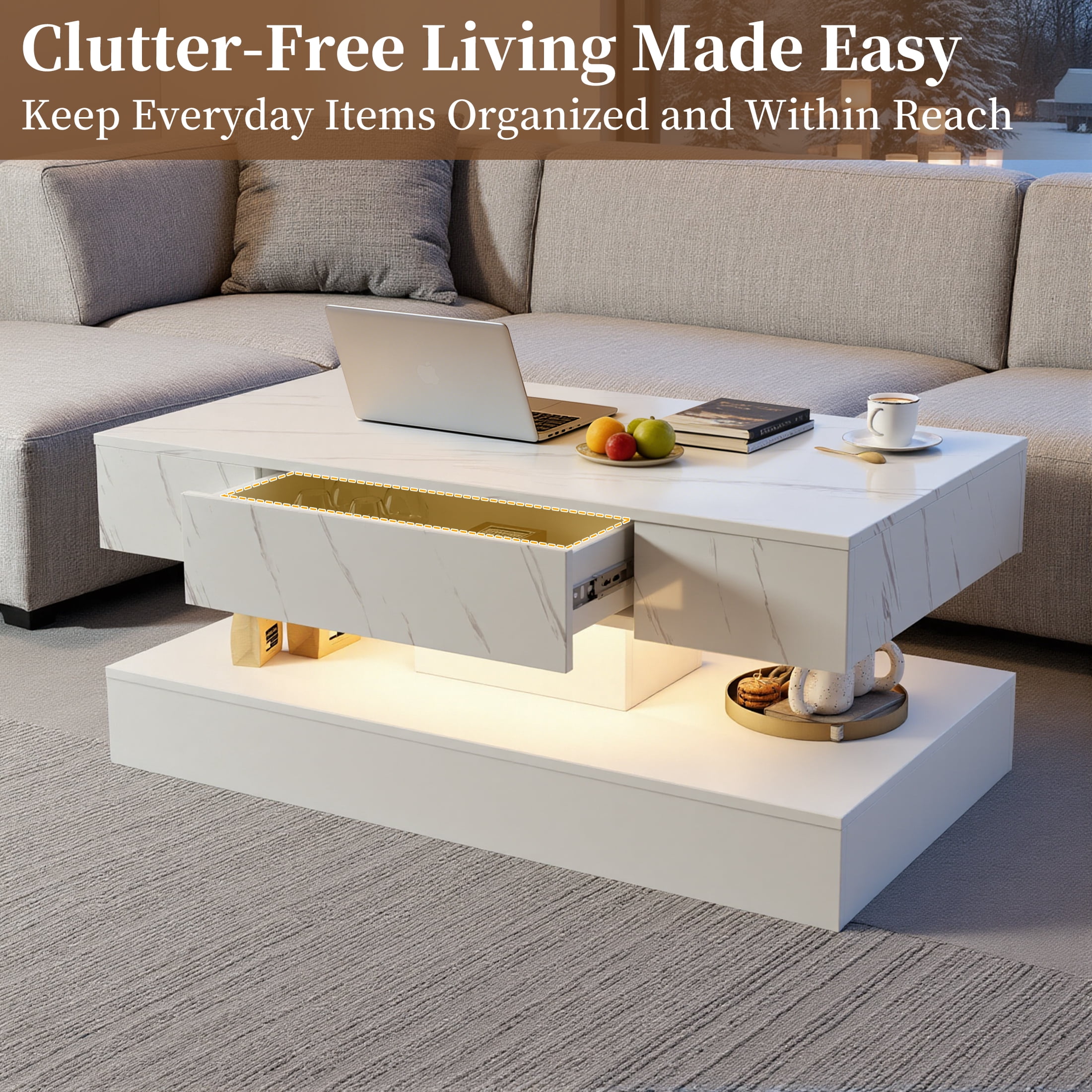 UHOMEPRO White LED Coffee Table with Storage Drawers, 39" Modern High Gloss Center Table with RGB LED Lights, 2-Tier Rectangle Design with Marbling Print for Living Room, White