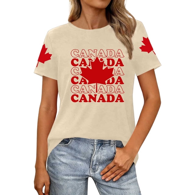 Fgnfyis T-Shirts Graphiques pour Femmes pour l'Été, Tenue Décontractée, Confortable, Manches Courtes, Col Rond, Tee avec Imprimé Patriotique de la Fête du Canada, T-Shirts pour Femmes, Beige, P