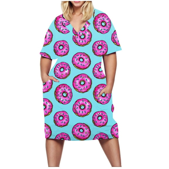 OSFVNOXV Plus Size Nightgown for Women L-5XL,Blue Cute Print Long Pajama Top,Loose Fit Comfortable Short Sleeve Midi Dress Loungewear Sleepwear
