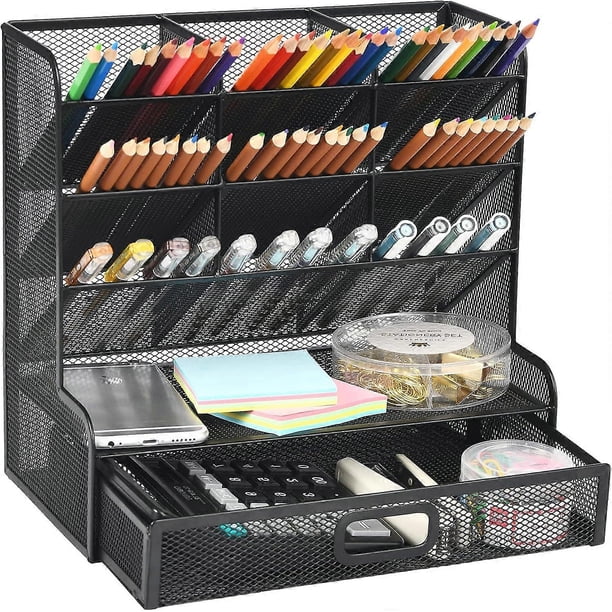Mesh Desk/ Desktop Stationary Organizer, Multi-Functional Pen Holder, Storage Rack (Black Mesh Pen Holder with Drawer)