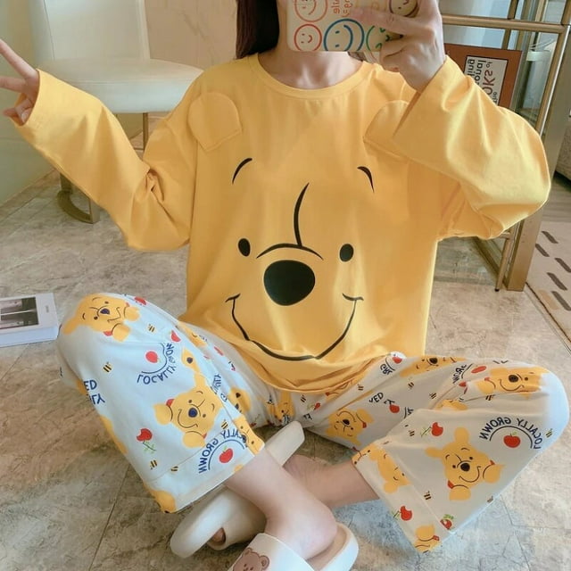 Disney-Conjunto de pijama de Winnie the Pooh para mujer, de 2 piezas ropa de dormir, Kawaii, para regalo de Navidad, traje de Casa suelto de Nuisette, 2 piezas