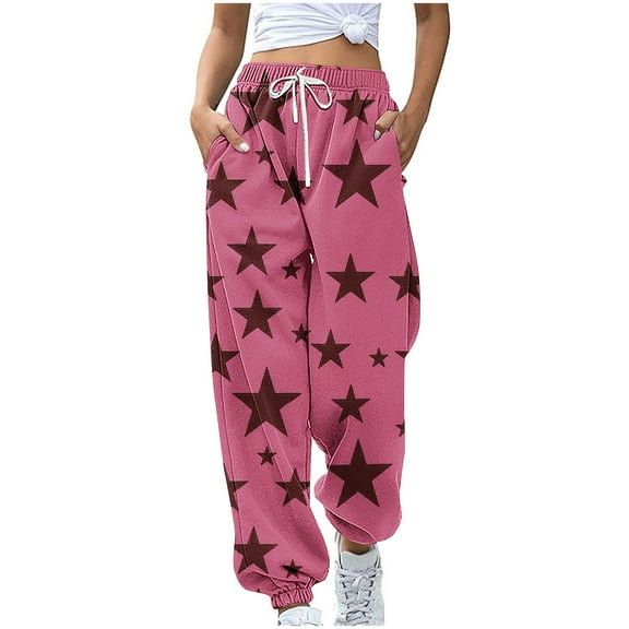 Staron Women's Casual Pants Elastic Waist Drawstring Joggers Star Print Fashion Loose Fit with Pockets Streetwear Trousers, Pink S