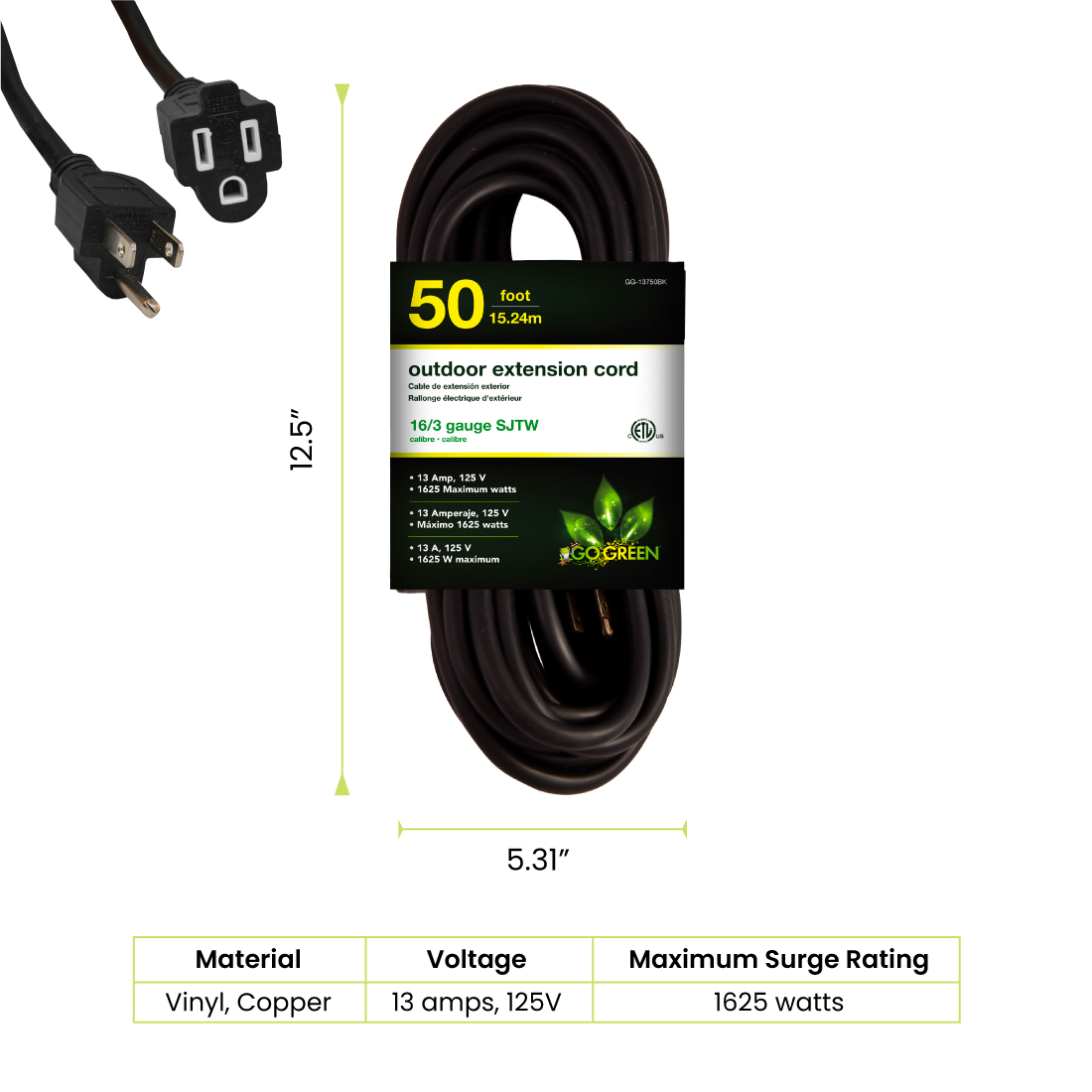 GoGreen Power 50 ft Contractor Grade Extension Cord, Black photo 2