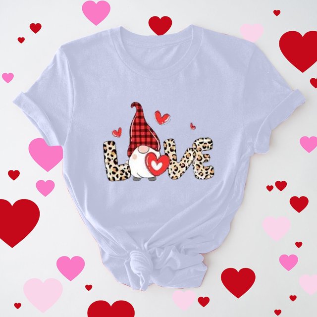 Meichang T-Shirt de la Saint-Valentin pour Femmes, Imprimé Cœur Mignon, Manches Courtes, Col Rond, Coupe Ample