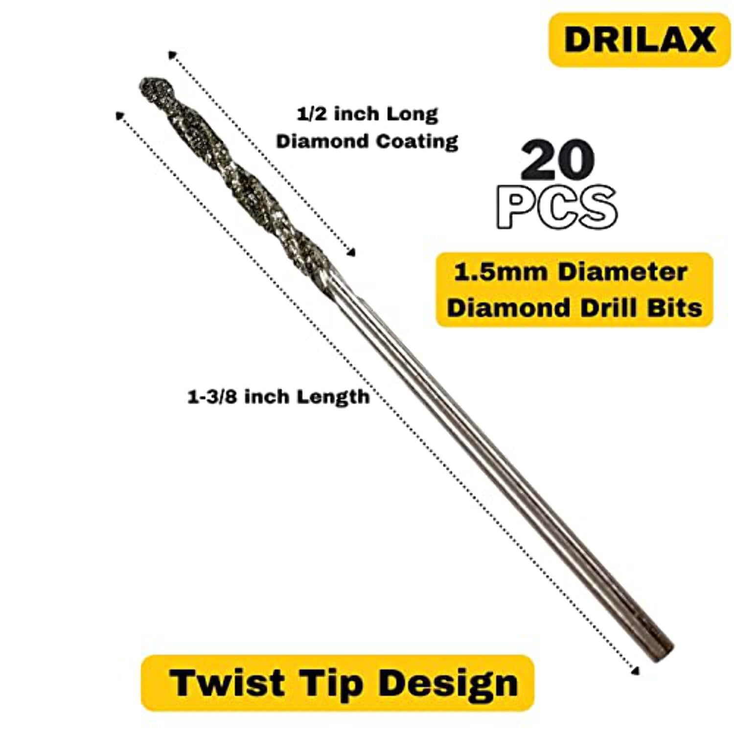 Drilax Diamond Twist Drill Bit Set 1.5mm 20 Pcs