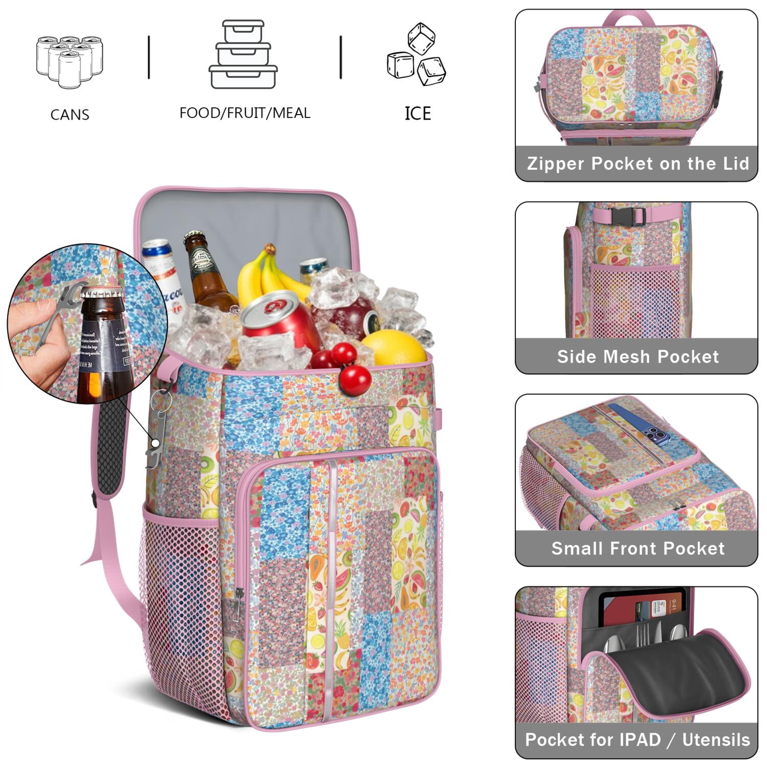 Travel Cooler Bag - Pioneer Flower Camping Beer Cooler Backpack with Bottle Opener- Waterproof Insulated Picnic Backpacks - Cooler Bag for Beach