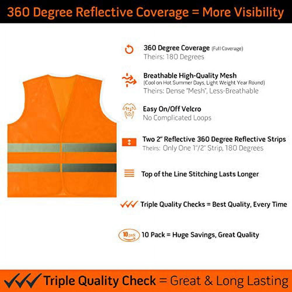 PeerBasics, 10 Pack, Orange Reflective High Visibility Safety Vest, Hi Vis Silver Strip, Men & Women, Work, Cycling, Runner, Surveyor, Volunteer, Crossing Guard, Road (Orange Mesh, 10)