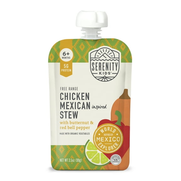 Serenity Kids Free Range Chicken Mexican Inspired Stew Stage 2 Baby Food, Organic Veggies & Spices, 3.5oz Pouch