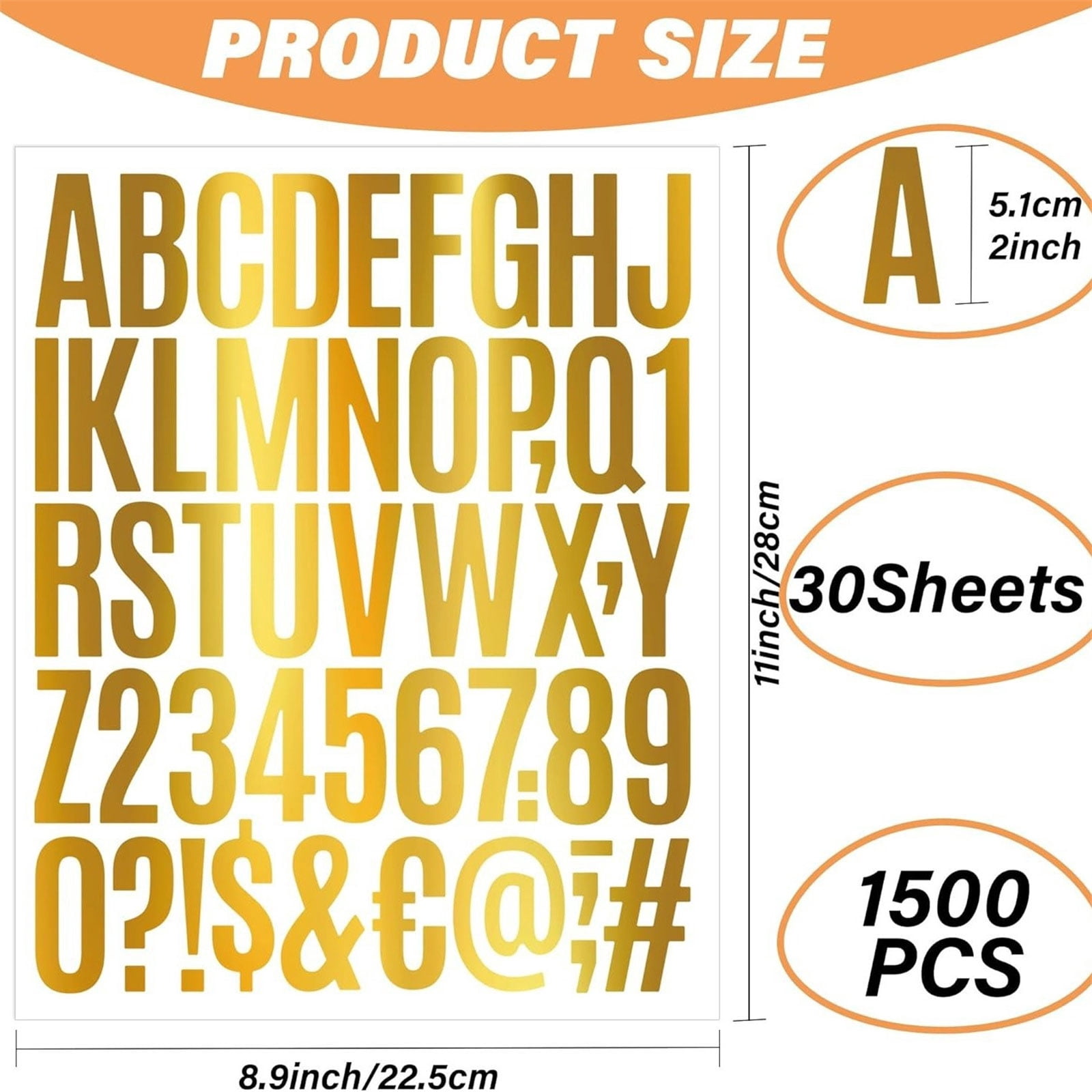 30Sheets Large Letter Sticker Decorative Sticker Gold Glittering Letter Number Sticker Adhesive Sticker for Scrapbooking