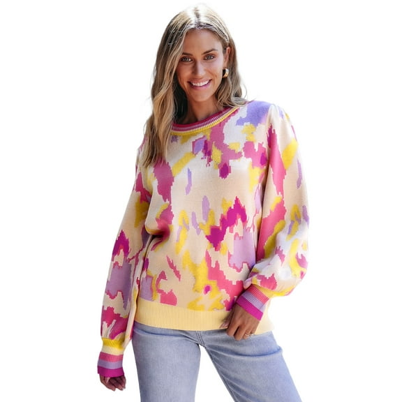 Women's Khaki Abstract Print Balloon Sleeve Sweater - [ZhiHiMeRi] | (US 12-14)L