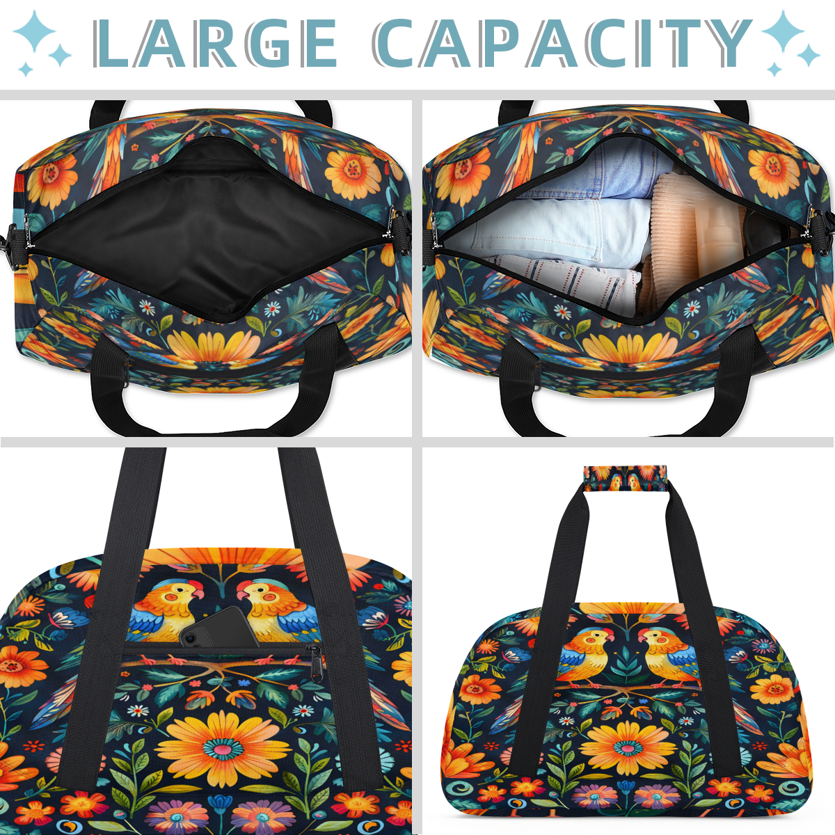 Herdesigns Sports Duffle Bags Travel Duffle Bag Gym Bag Mexico Floral Otomi Style Bird Weekender Travel Bag Waterproof Overnight Bag Carry On Travel Tote Bag Dance Bags