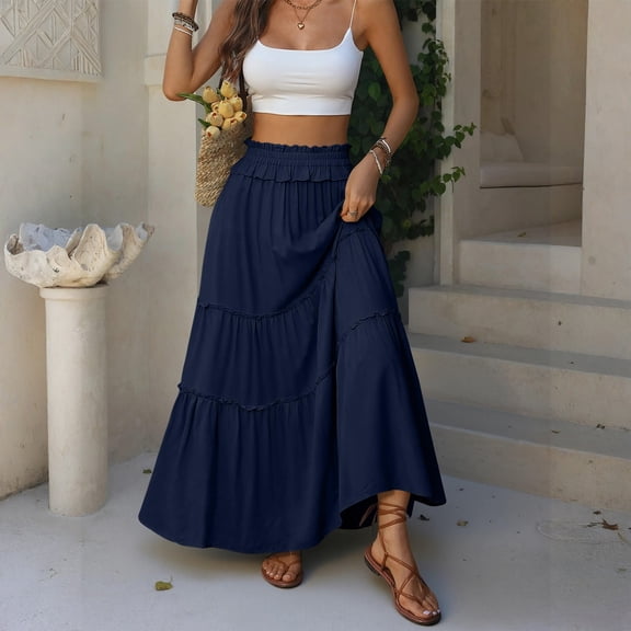 Womens Elastic High Waist Maxi Skirt Summer Flowy Long Skirts XL