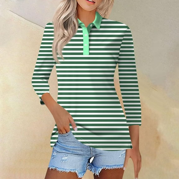 Black Womens Blouses Womens Shirts Three Quarter Length Summer Striped Print Tops Collared Button Down T Shirts Breathable Trendy Tunic Tops Ladies Tops and Blouses