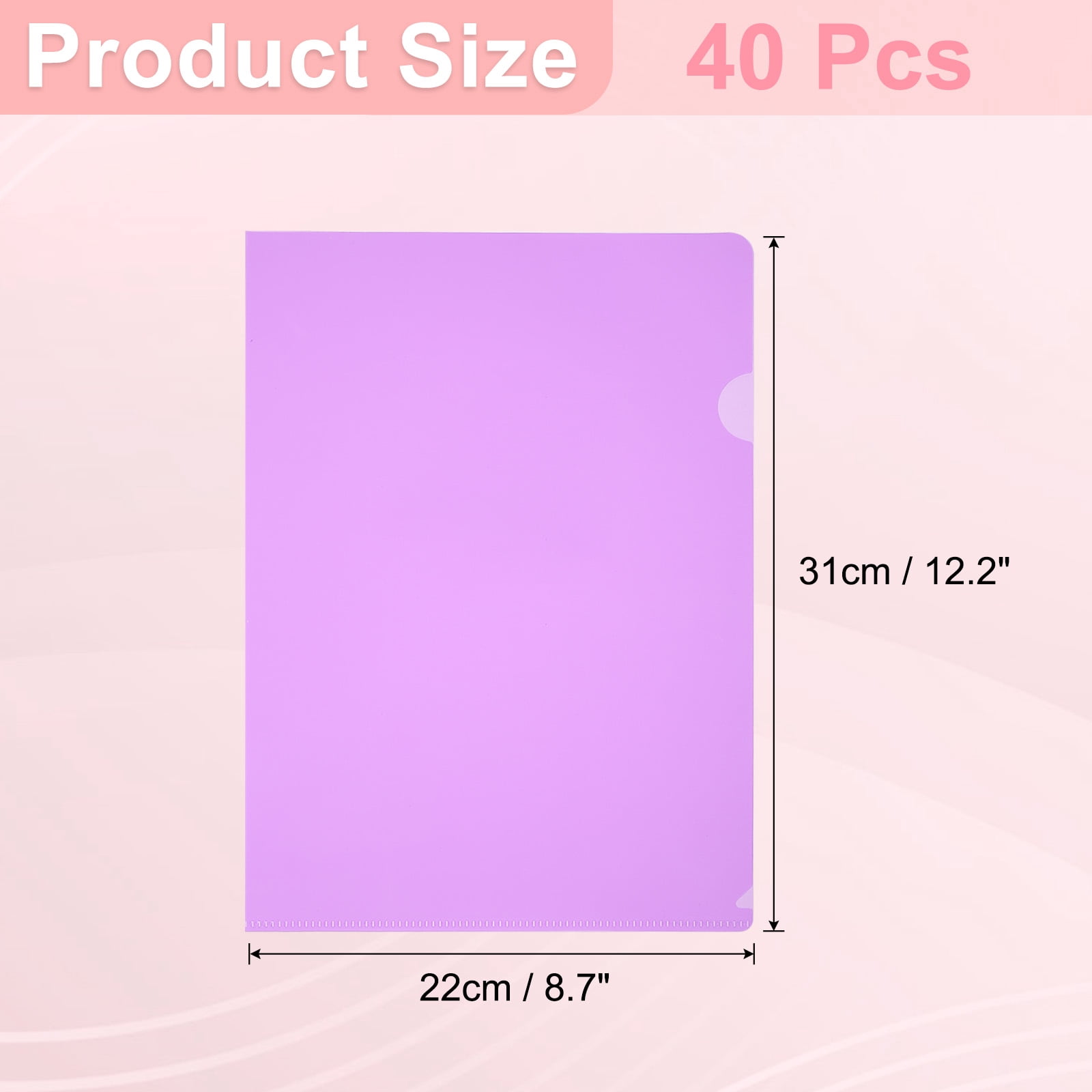 A4 Plastic Folders, 40 Pack Clear Folders L Type Project Pockets Paper Document Jacket Sleeves L Shaped Transparent for Documents Plastic Office File, 8.7x12.2in, Purple