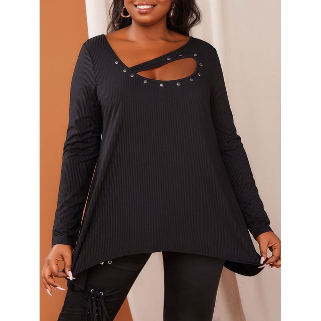 Camiseta Asimétrica Acanalada Tamaño Plus Rosegal Mangas largas de talla grande