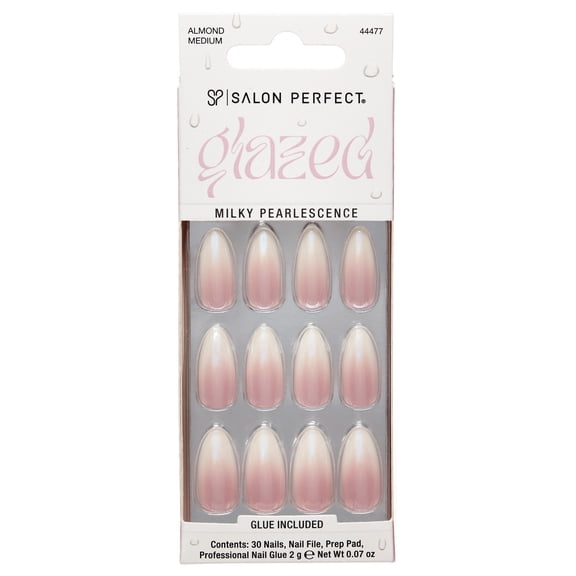 Salon Perfect Artificial Fake Press On Nails, 442 Glazed, Ombre French, Medium Almond, File, Glue and Prep Pad Included, 30 Nails